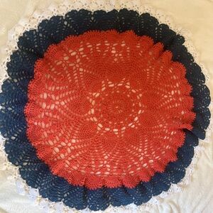 Handmade never used Round crocheted Afghan throw blanket coral navy